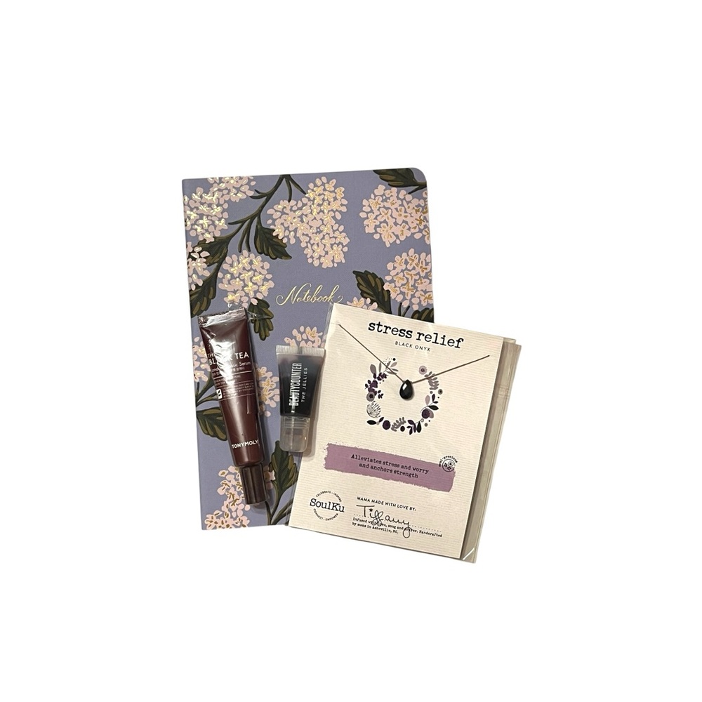 NWT! Purple Accents Gift Bundle:Crystal Necklace,Floral Notebook,Lip Gloss,Serum
